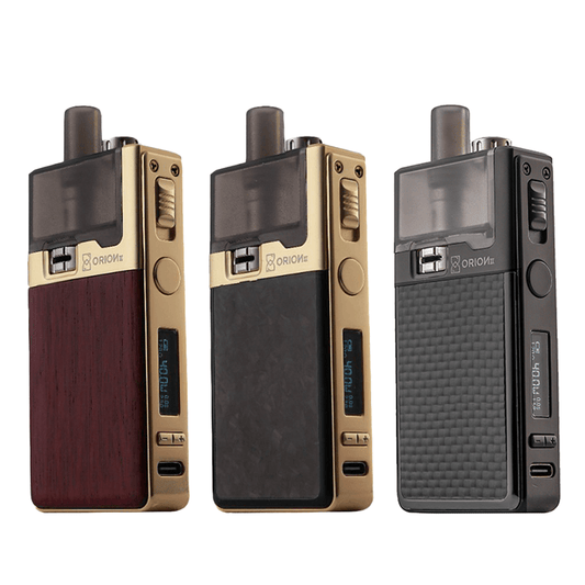 Three LVE Orion II pod kits in wood, carbon, and grey finishes.