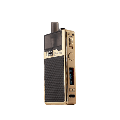 Gold and black vape pod kit with digital display and textured grip.