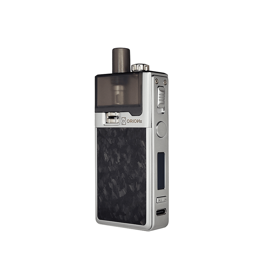 LVE Orion II Pod Kit in silver with a sleek carbon fibre design, shown on a white background.