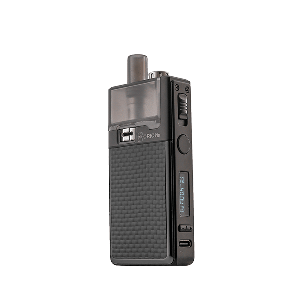Black LVE Orion II pod vape kit with textured grip and digital display.