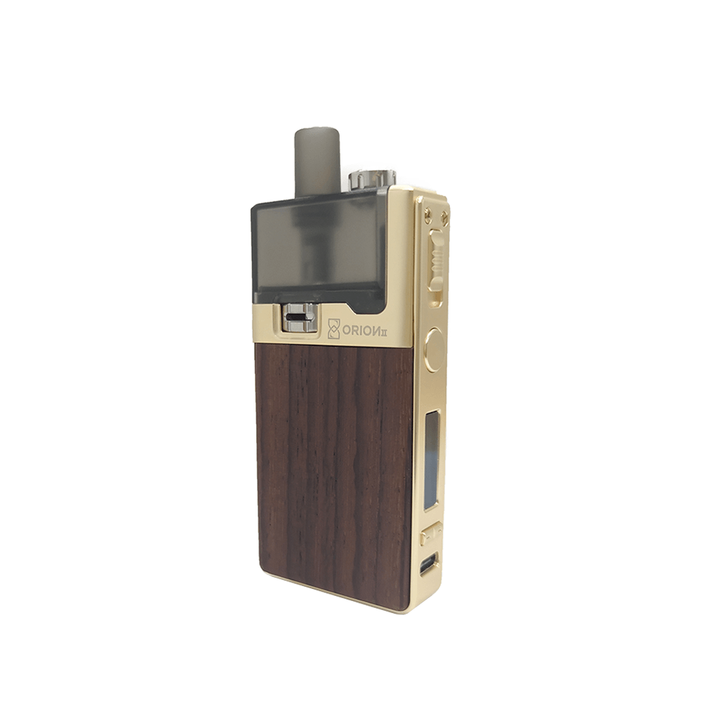 LVE Orion II Pod Kit with wood finish and gold accents, displayed against a white background.