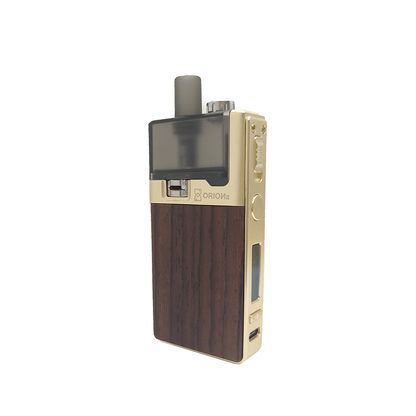 LVE Orion II Pod Kit with wood finish and gold accents, displayed against a white background.