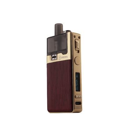 Gold and wood-grain vape pod kit with display screen and mouthpiece.
