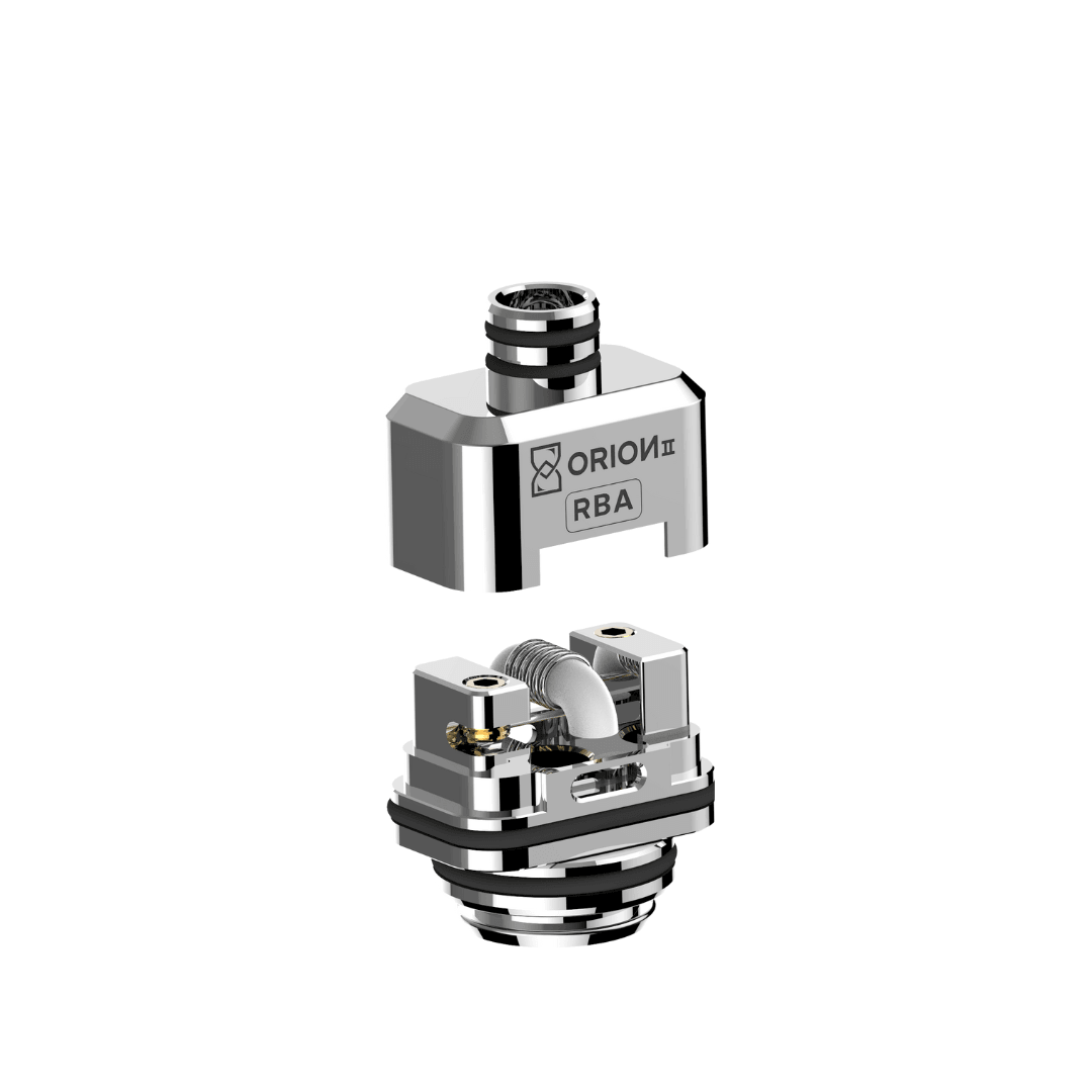 LVE Orion II RBA vape component, showing detailed metal design and coil structure.