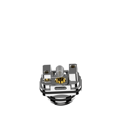 Close-up of LVE Orion II RBA coil, silver finish, available for pre-order at eCig One UK.