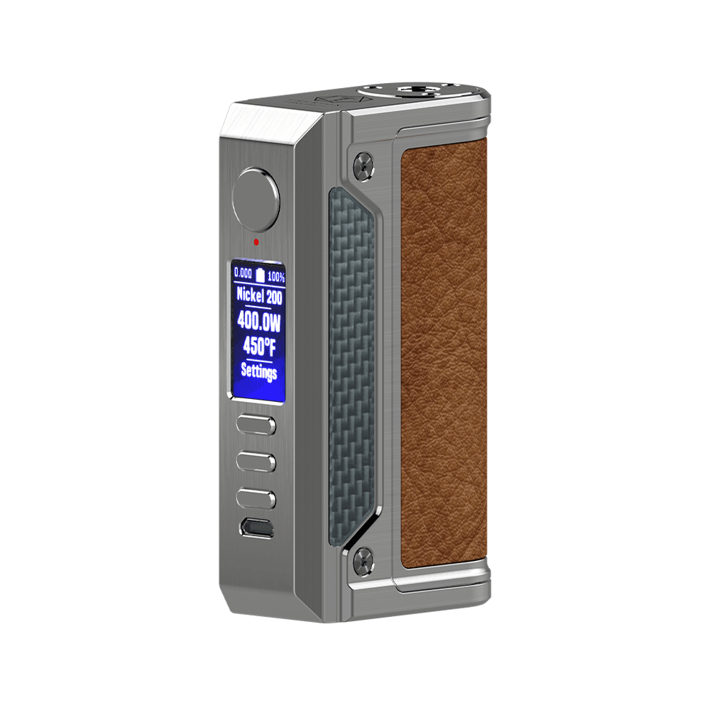 LVE Therion II DNA250C Box Mod with leather grip and digital display.