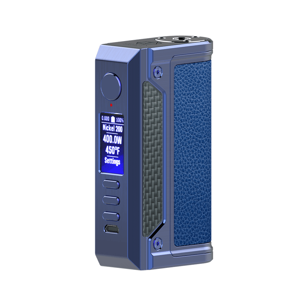 LVE Therion II DNA250C box mod in blue with carbon fibre and leather accents.