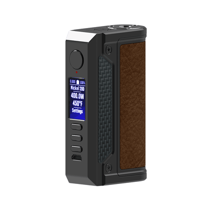 LVE Therion II DNA250C Box Mod with leather grip, displaying settings screen.