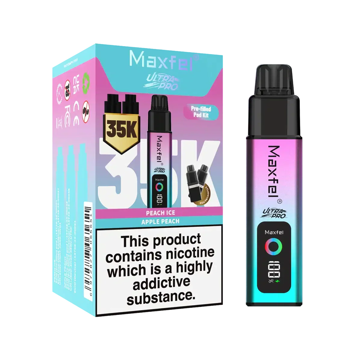 Maxfel Ultra Pro 35k Puffs Prefilled Pod Vape kit Box of 5, Apple Peach Flavour