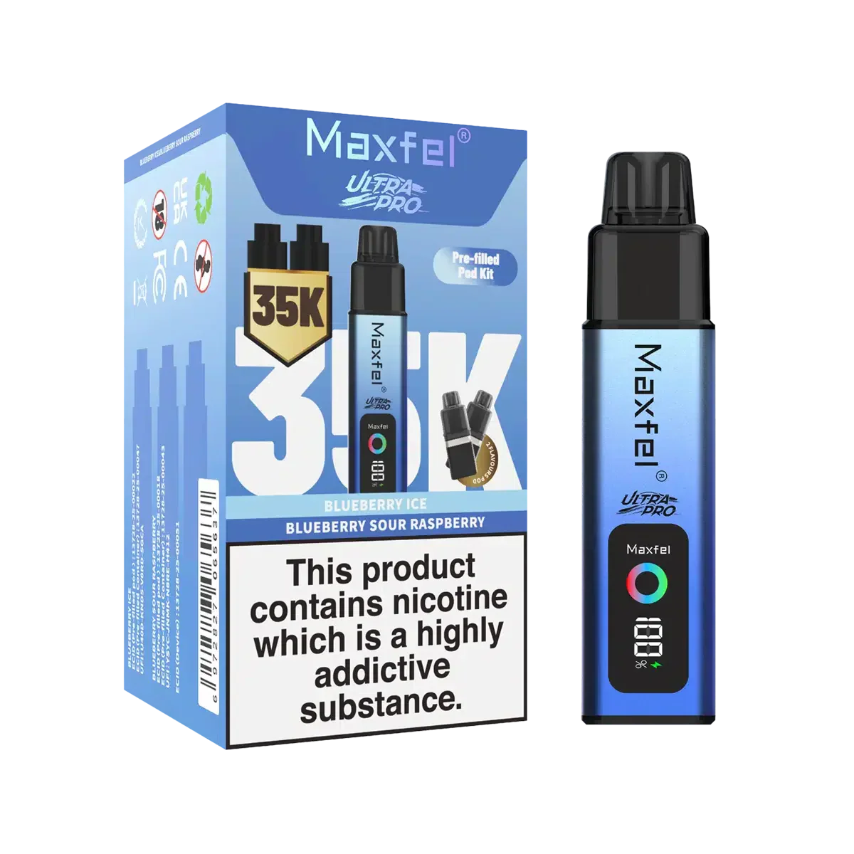 Maxfel Ultra Pro 35k Puffs Prefilled Pod Vape kit Box of 5, Blueberry Sour Raspberry Flavour
