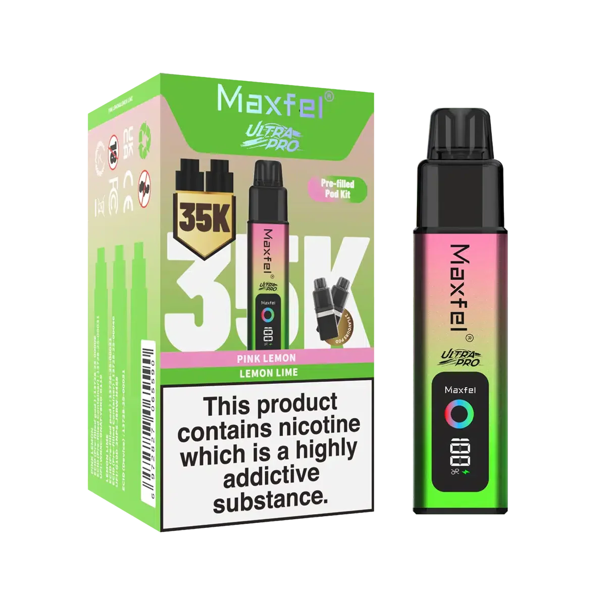 Maxfel Ultra Pro 35k Puffs Prefilled Pod Vape kit Box of 5, Lemon Lime Flavour