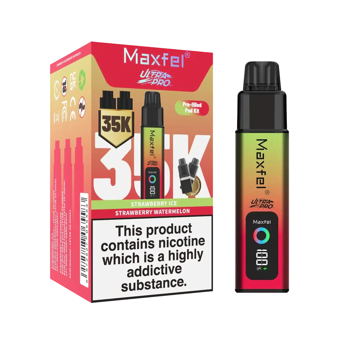 Maxfel Ultra Pro 35k Puffs Prefilled Pod Vape kit Box of 5, Strawberry Watermelon Flavour