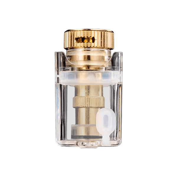 Transparent Ohm Vape AIO pod with a gold top and clear body on a green background.