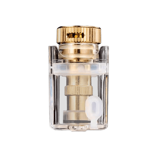 Transparent Ohm Vape AIO pod with a gold top and clear body on a green background.