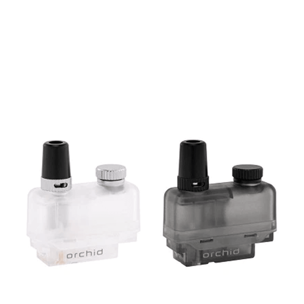 Two Orchid Vape V2 replacement pods, one clear and one black, side by side.