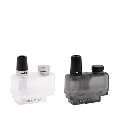 Two Orchid Vape V2 replacement pods, one clear and one black, side by side.