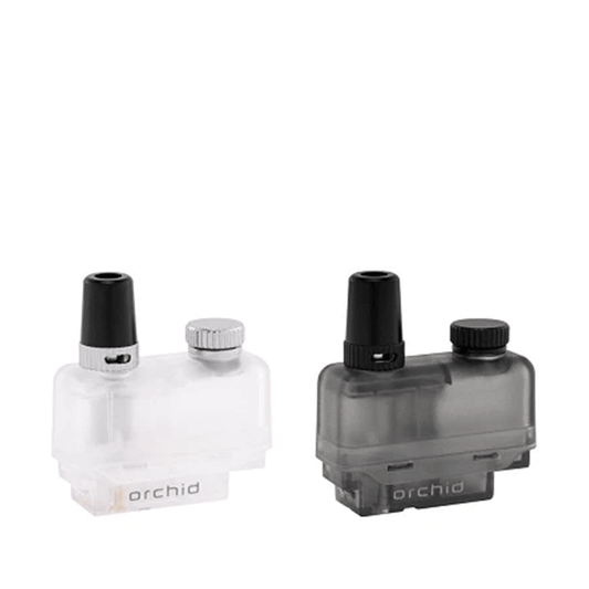 Two Orchid Vape V2 replacement pods, one clear and one black, side by side.