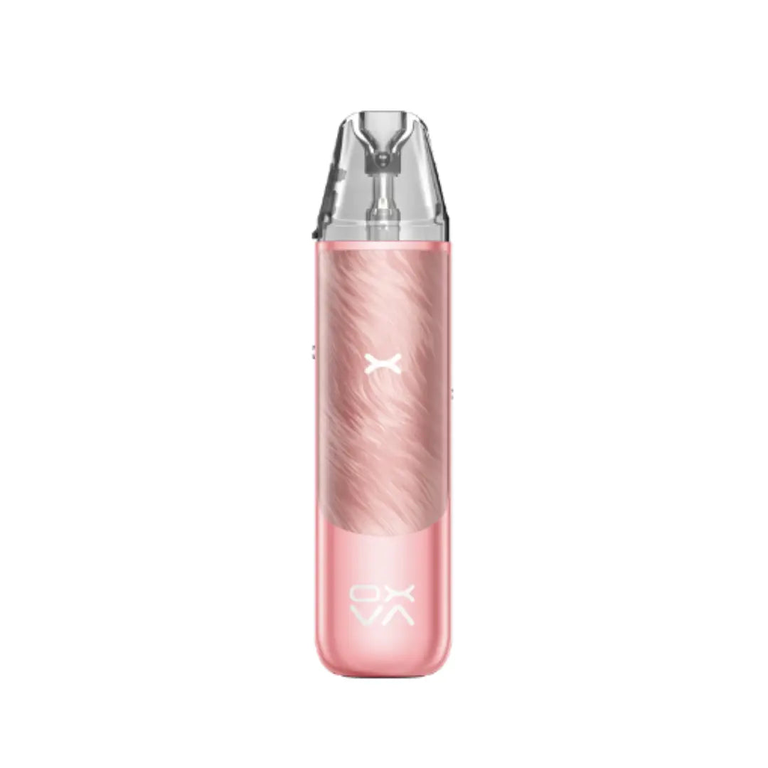 Oxva NeXlim Go pod vape kit in rose pink with brushed style panel and clear mouthpiece.