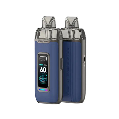 OXVA VPrime pod vape kit in blue leather with digital display showing 60W.