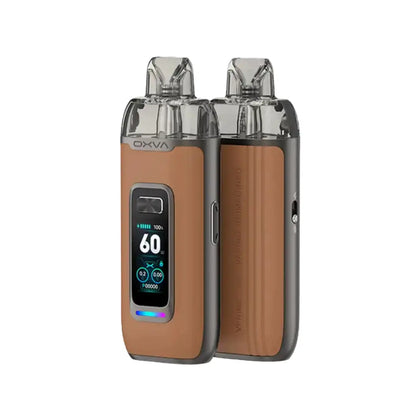 OXVA VPrime pod vape kit in brown leather finish with digital display.
