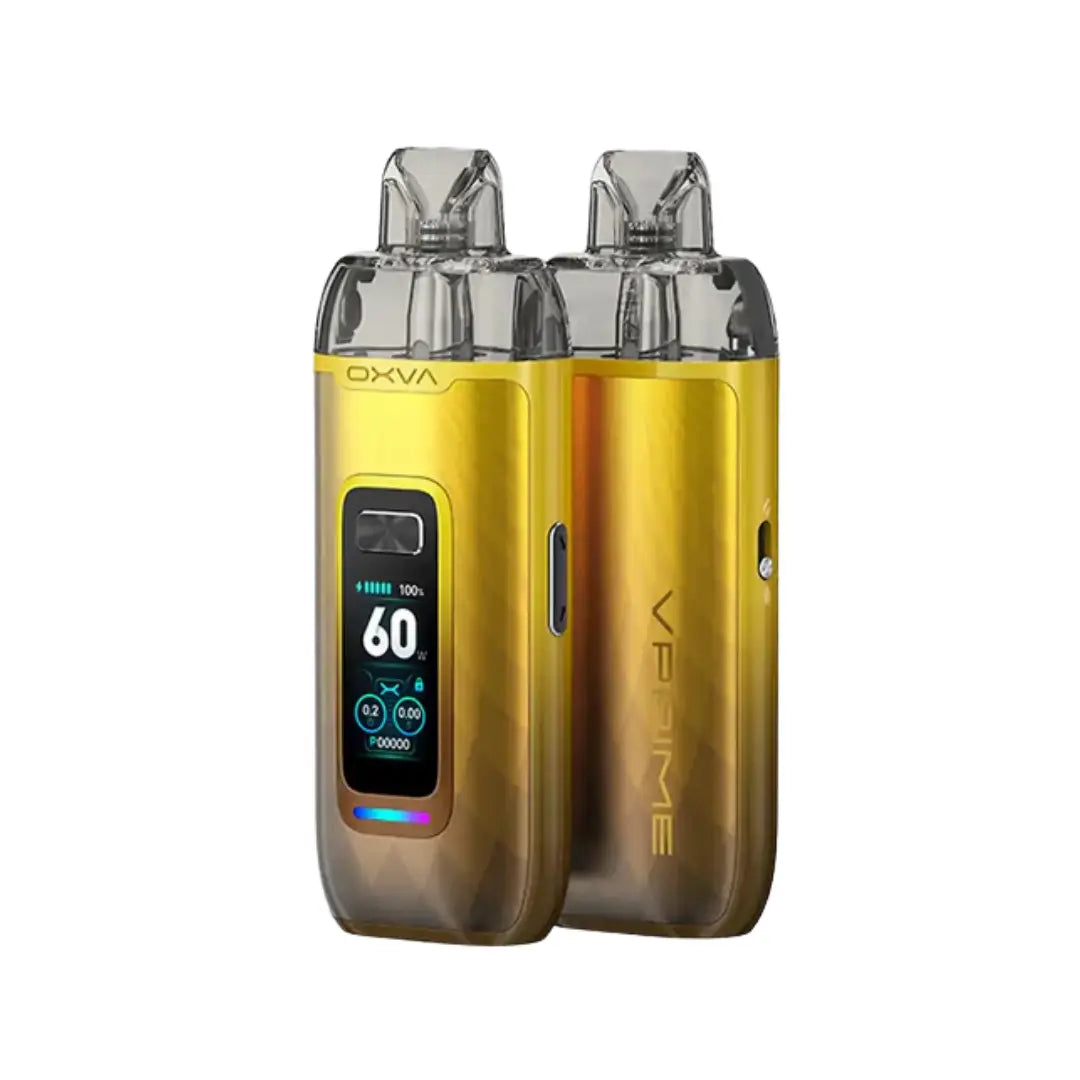 Glorious gold OXVA VPrime pod vape kit with display and dual pods.