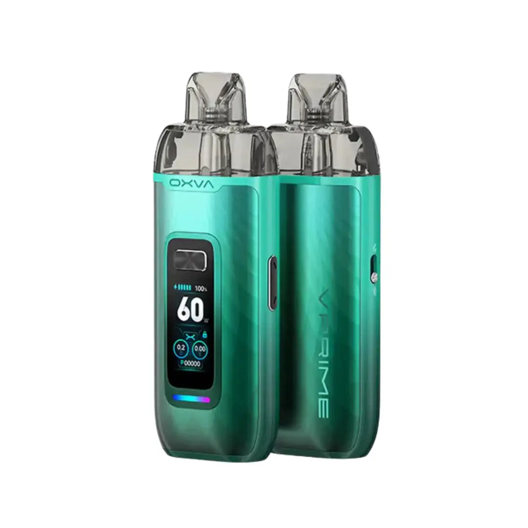 OXVA VPrime pod vape kit in natural green with digital display and sleek design."