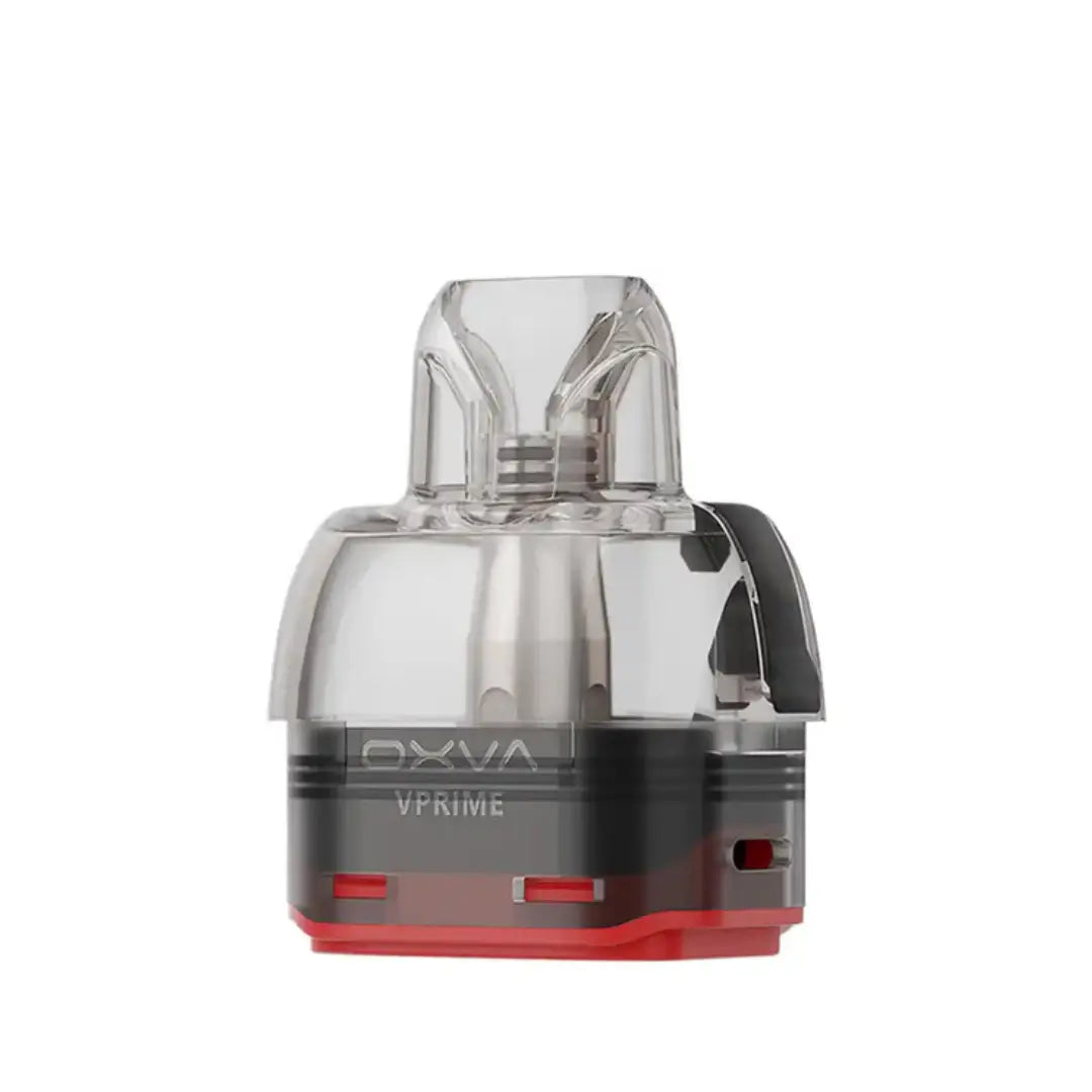 OXVA VPrime replacement pod cartridge, 0.2ohm DTL, transparent with red accents.