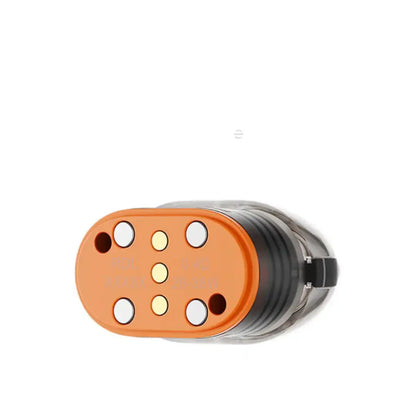 OXVA VPrime Replacement Pod Cartridge, 0.4ohm RDL, orange and black design, top view.