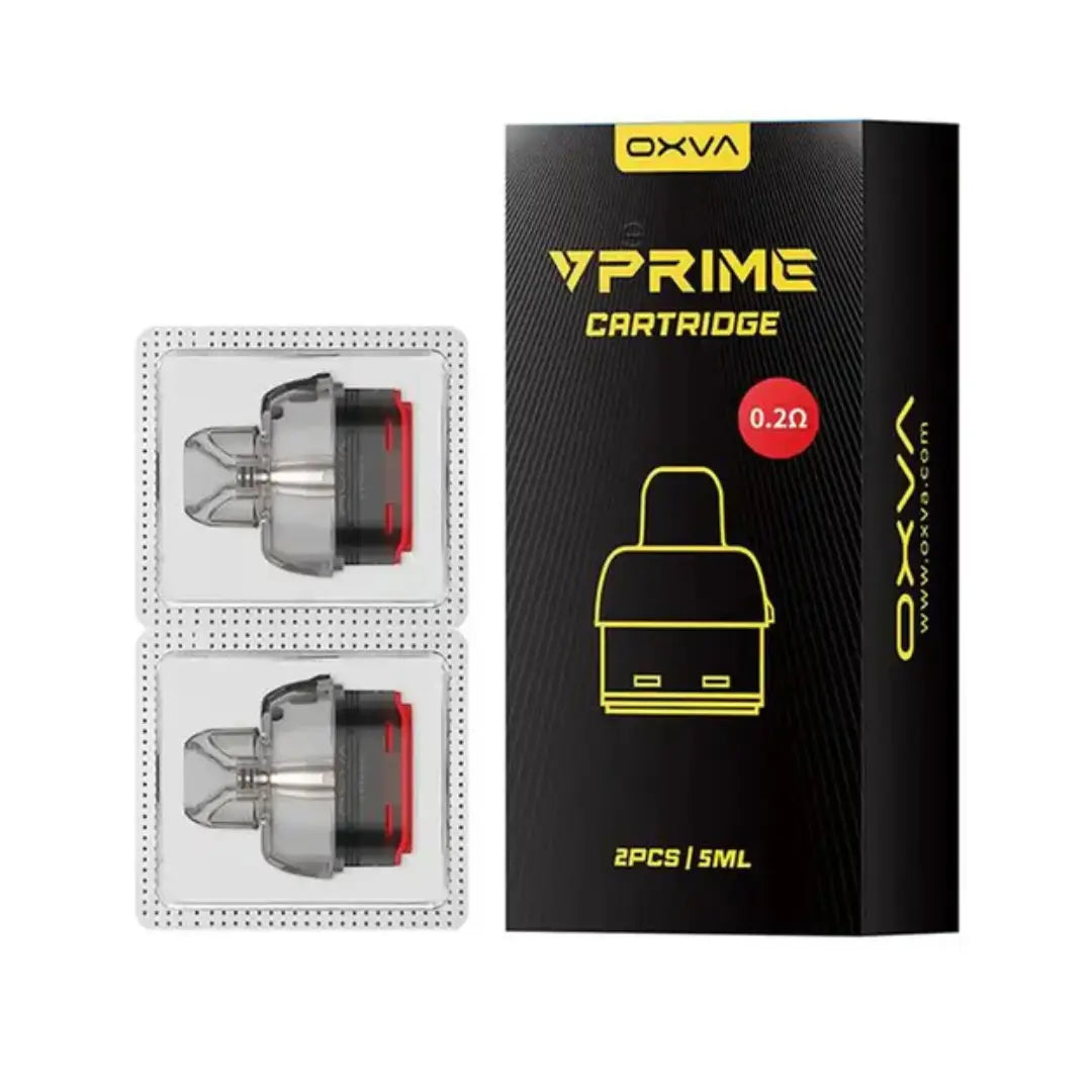 OXVA VPrime replacement pod cartridge packaging with two pods and product details displayed.