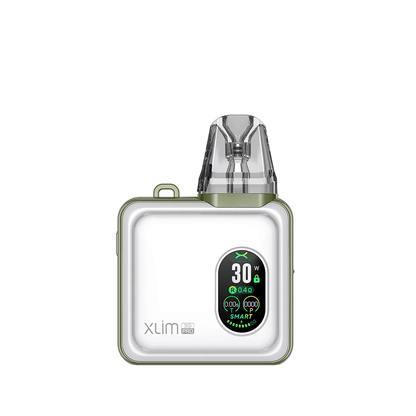 OXVA Xlim SQ Pro Pod Kit in white and green with digital display, shown on a plain background.