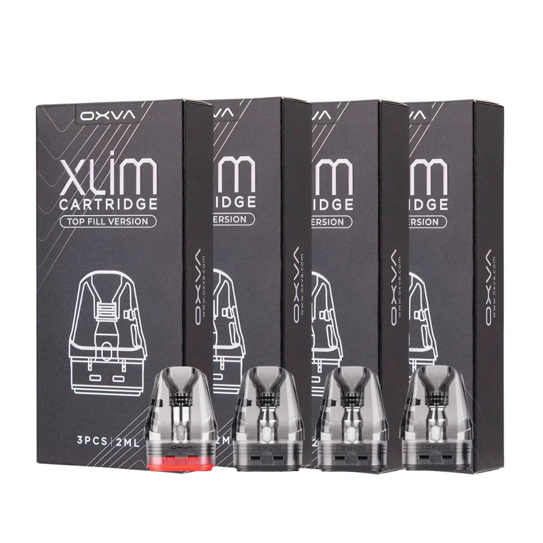OXVA Xlim Top-fill V3 Replacement Pods 2ML vape cartridges with packaging on a white background