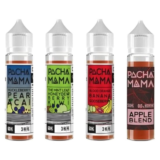 Pacha Mama 50ml E Liquid Shortfill, Huckleberry Pear Acai, The Mint Leaf, Blood Orange Banana Gossberry, Apple Blend Flavour