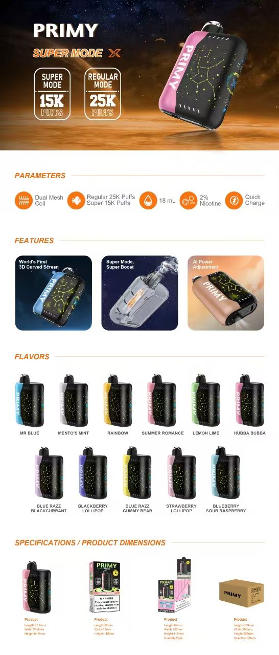 Primy PR25000 Puffs Prefilled Vape Pod Kit Box of 5, Aj Super Store