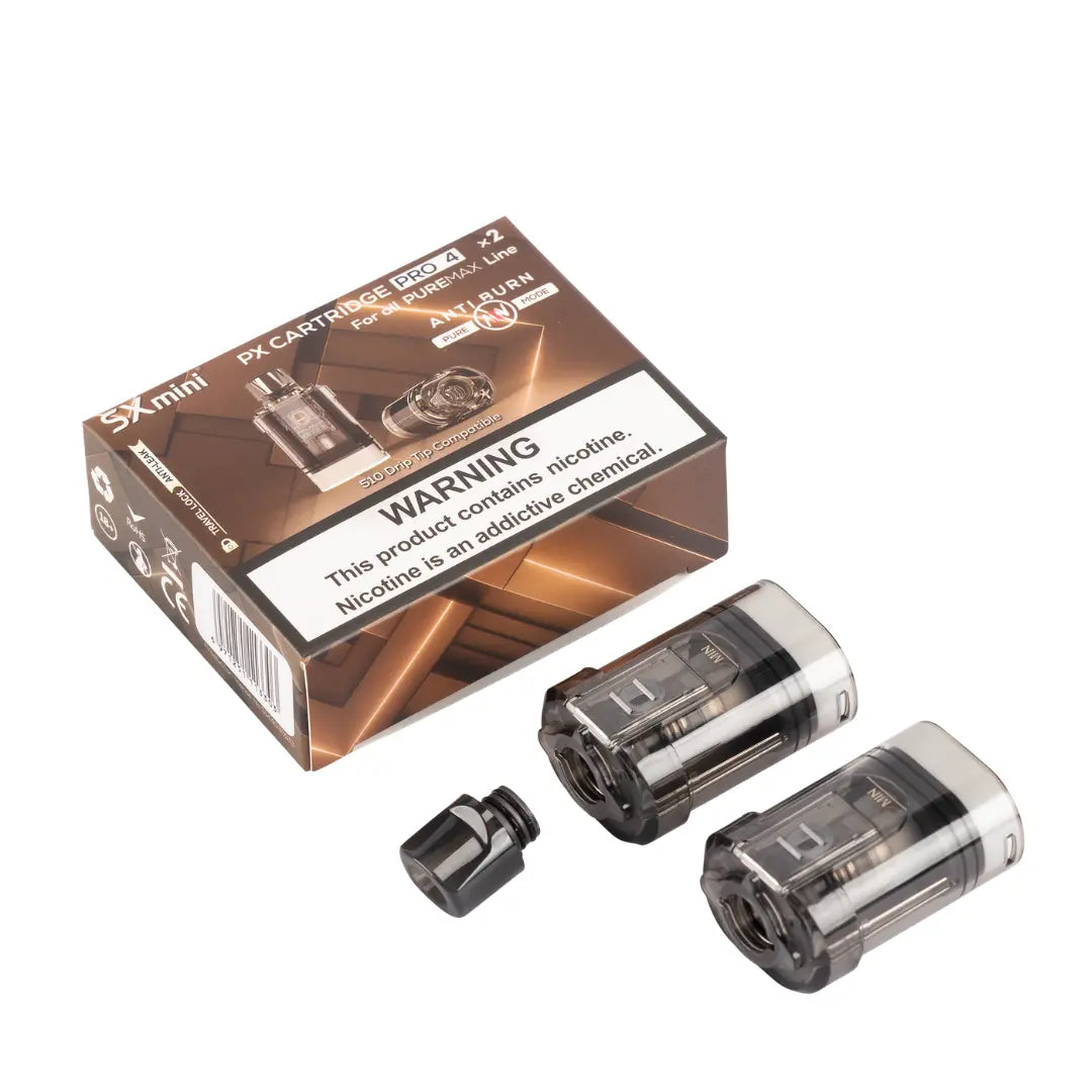 sxmini puremax pro 4 pod cartridges with packaging on a white background