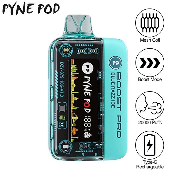 Pyne Pod Boost Pro 20000 Puffs Prefilled Vape Kit Box of 5, Blue Razz Ice Flavour