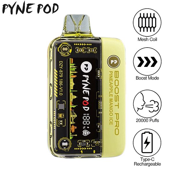 Pyne Pod Boost Pro 20000 Puffs Prefilled Vape Kit Box of 5, Pineapple Mango Ice Flavour