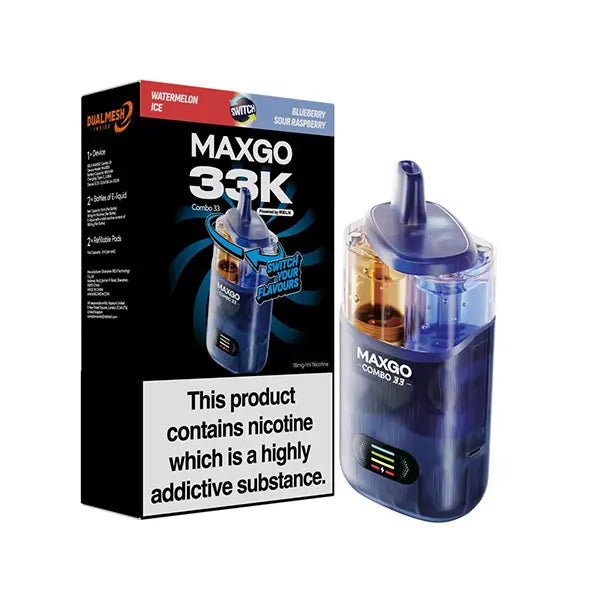 relx maxgo combo 33k vape - prefilled flavour -  watermelon ice & blueberry sour raspberry
