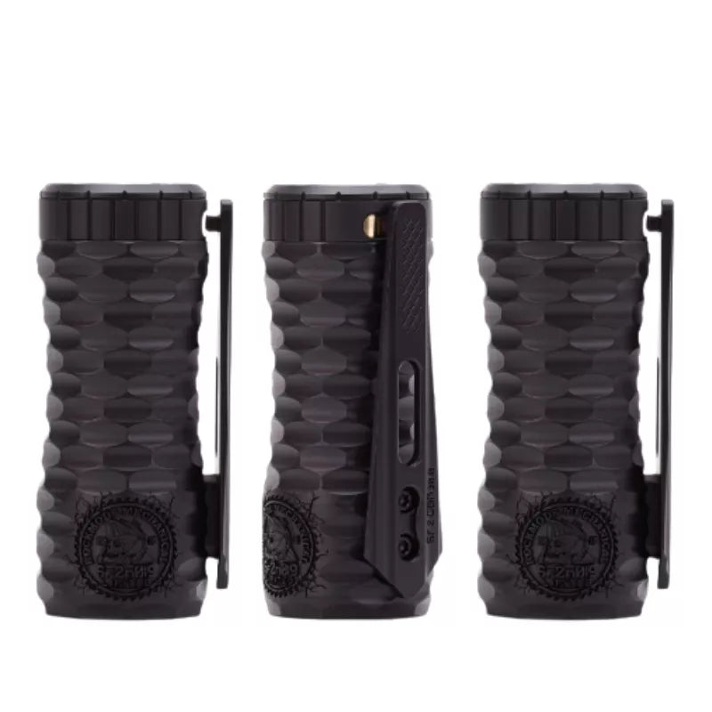 Rock Mods Swordfish V2 Mechanical Mod in Custom Colour Black From front, side and fire-bar angles.