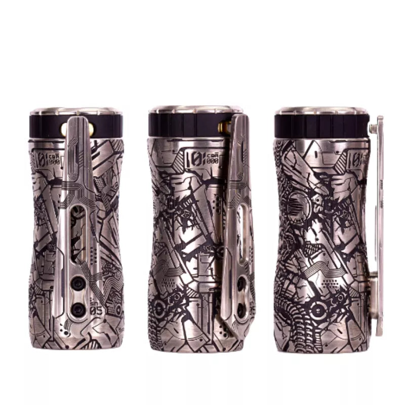 Rock Mods Swordfish V2 Mechanical Mod in Custom Colour Cyber Mad Steel From front, side and fire-bar angles.