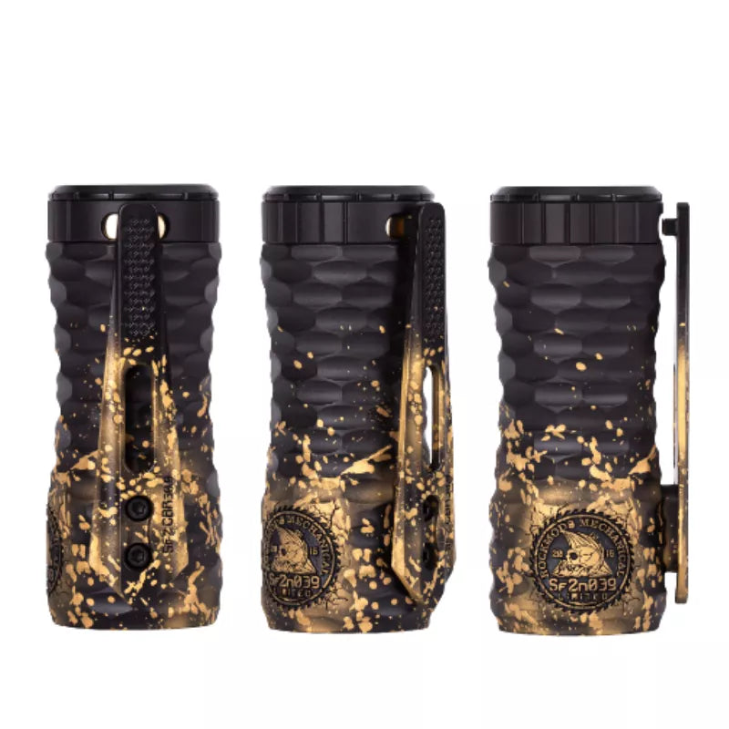 Rock Mods Swordfish V2 Mechanical Mod in Custom Colour Gold Nugget From front, side and fire-bar angles.