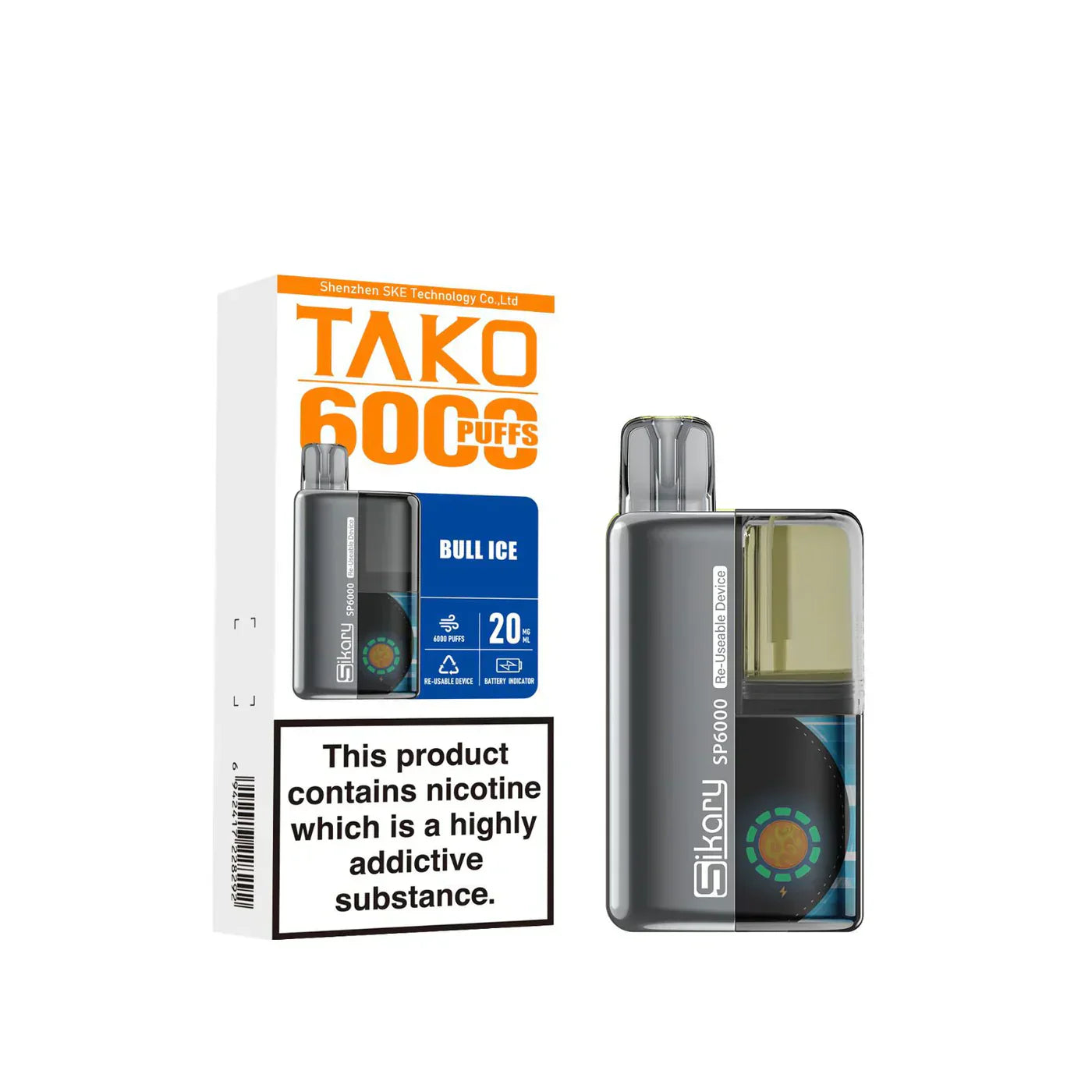 SKE Sikary TAKO SP6000 puffs Prefilled Pod Kit Box Of 5, Bull Ice Flavour