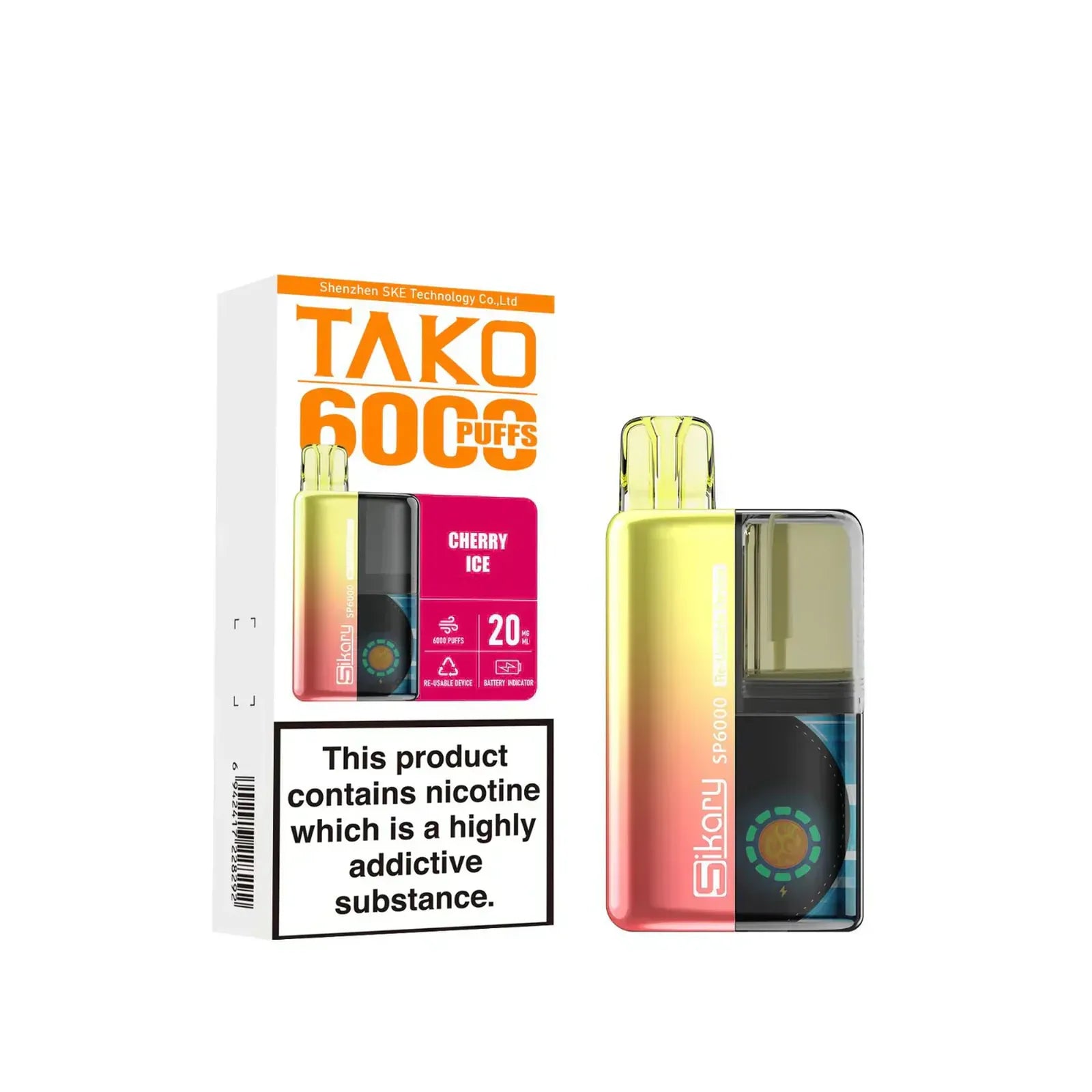 SKE Sikary TAKO SP6000 puffs Prefilled Pod Kit Box Of 5, Cherry Ice Flavour