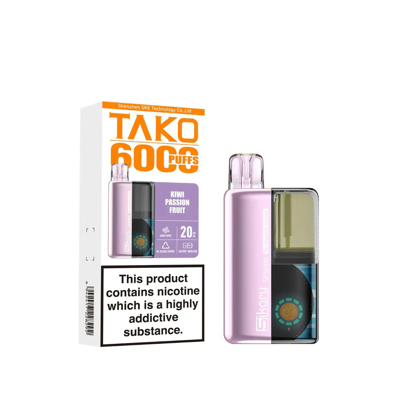 SKE Sikary TAKO SP6000 puffs Prefilled Pod Kit Box Of 5, Kiwi Passion Fruit Flavour