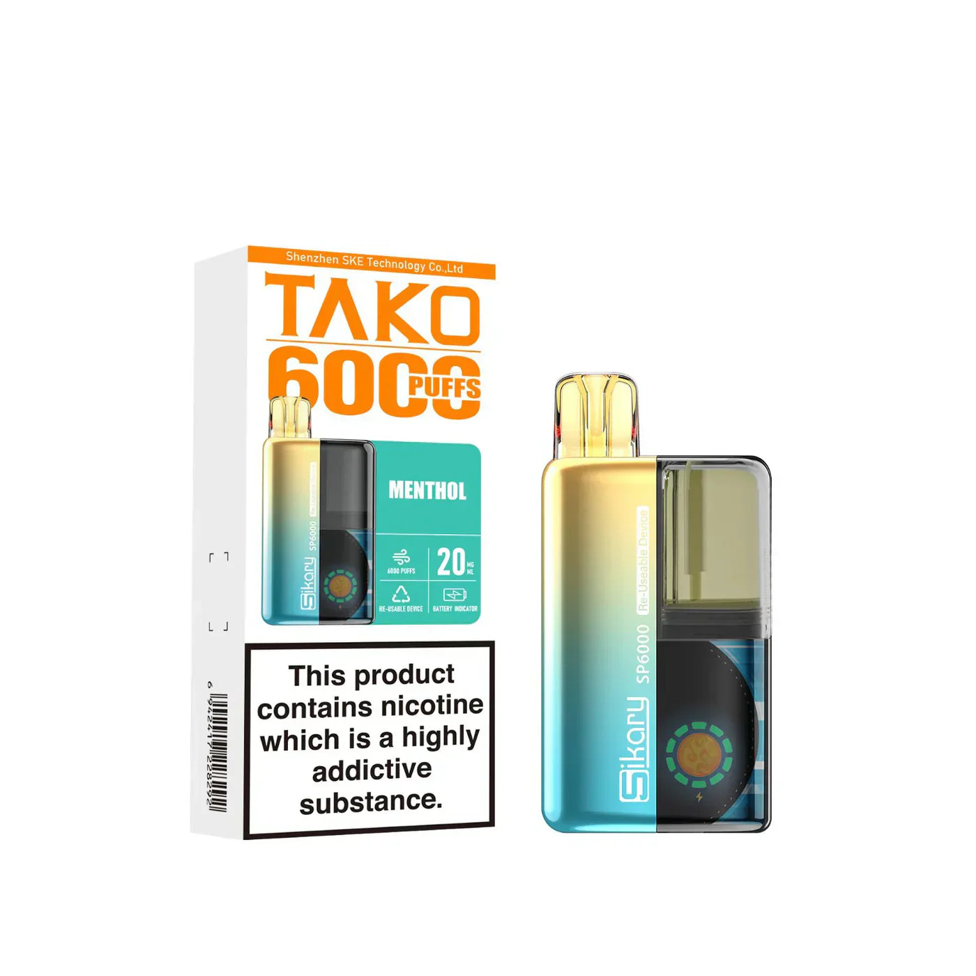 SKE Sikary TAKO SP6000 puffs Prefilled Pod Kit Box Of 5, Menthol Flavour