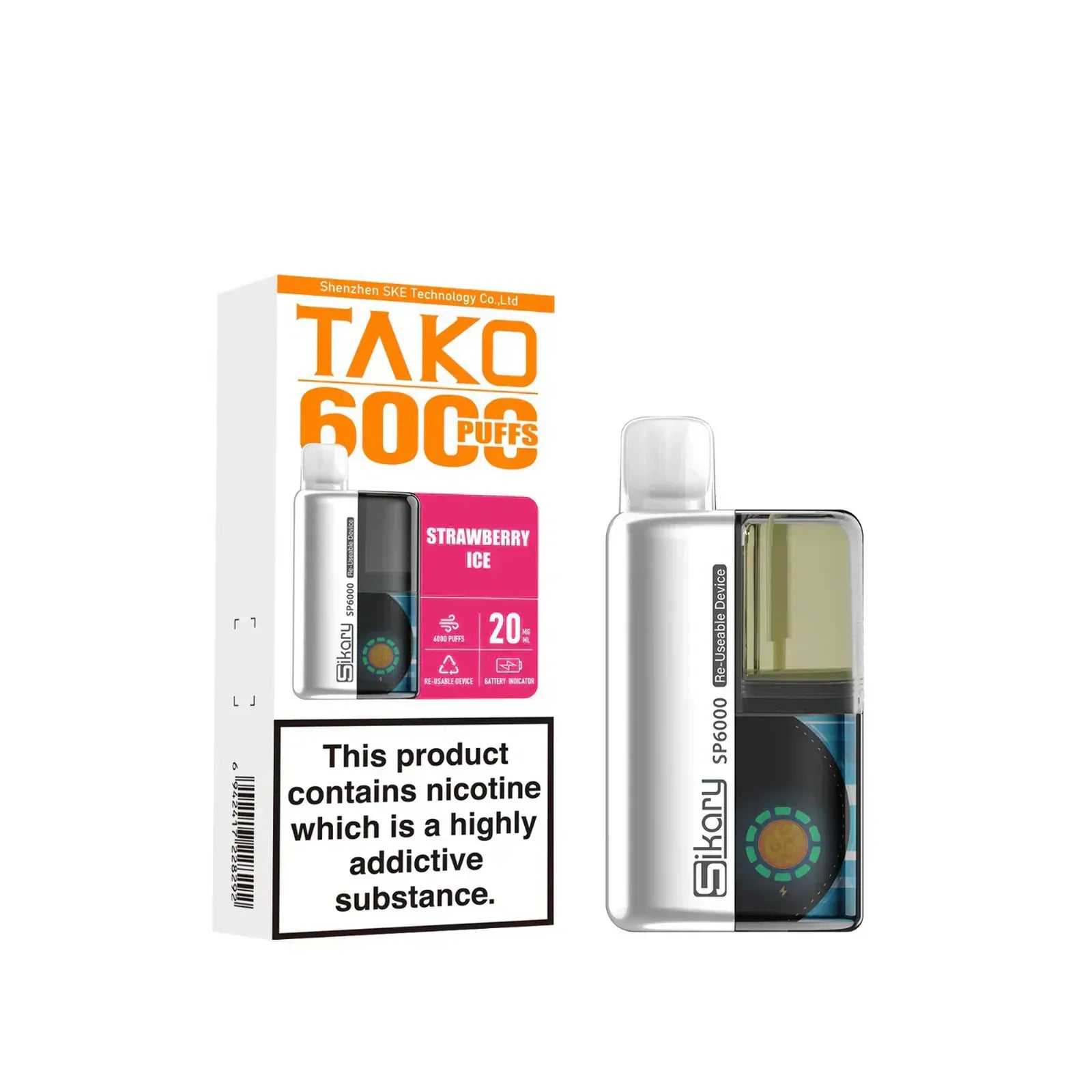 SKE Sikary TAKO SP6000 puffs Prefilled Pod Kit Box Of 5, Strawberry Ice Flavour