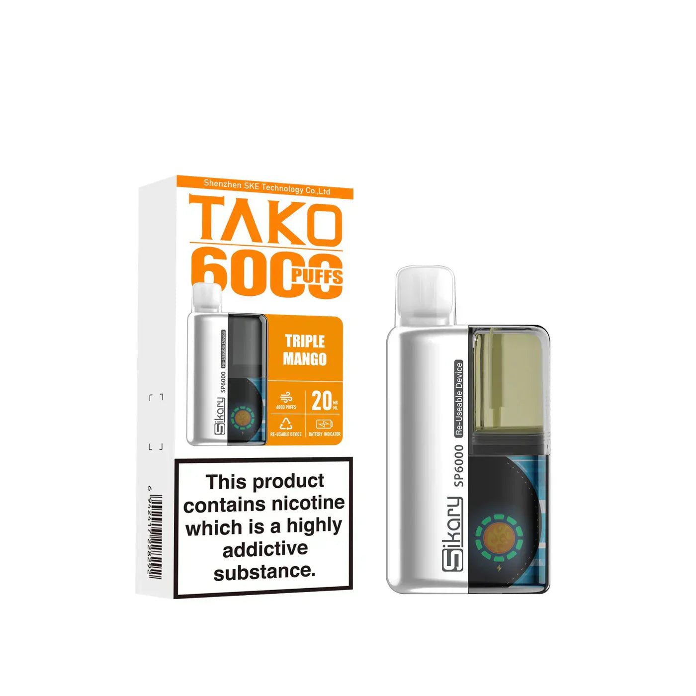 SKE Sikary TAKO SP6000 puffs Prefilled Pod Kit Box Of 5, Triple Mango Flavour