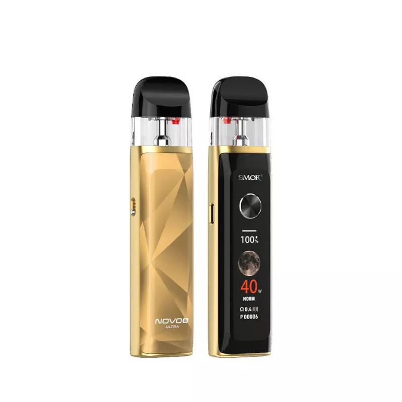 Smok Novo 6 Ultra Pod Vape Kit in Gold on a white background displaying front and back of device.