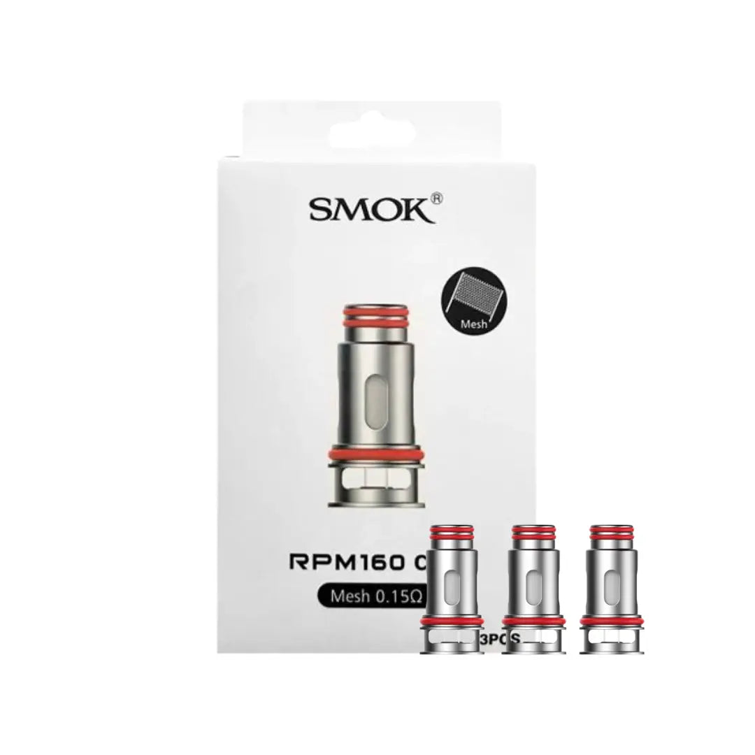 Three SMOK RPM160 replacement box and coils mesh 0.15 ohm with red accents, displayed in a row.