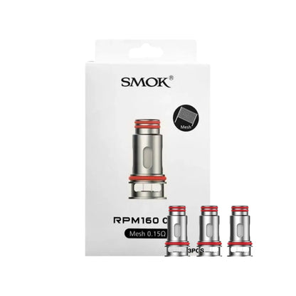 Three SMOK RPM160 replacement box and coils mesh 0.15 ohm with red accents, displayed in a row.