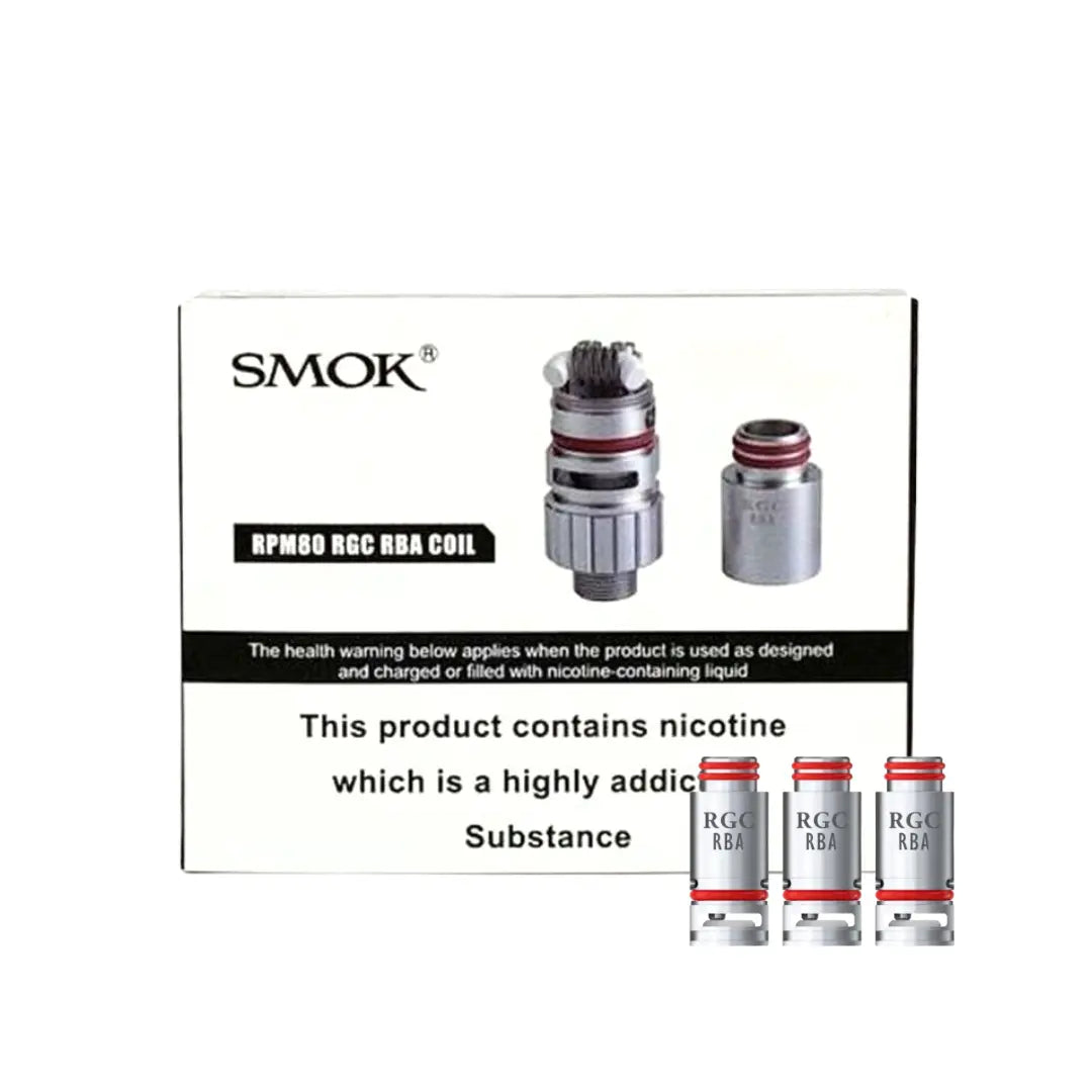 Three Smok RPM80 RGC RBA coils with red rings and box.